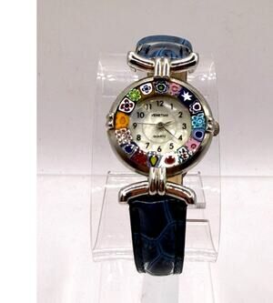 Venetiae Murano Glass Millefiori Watch W/Blue Leather Band